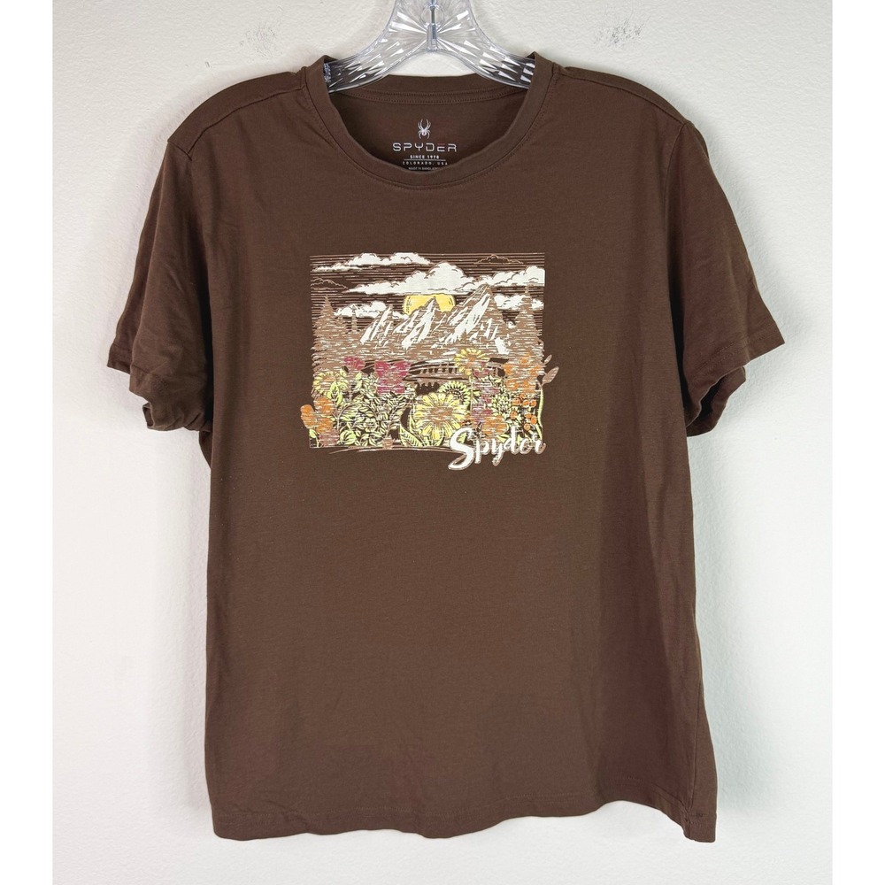 Spyder Graphic Tee Women XL Brown Mountain Wildflower Short Sleeve T-Shirt